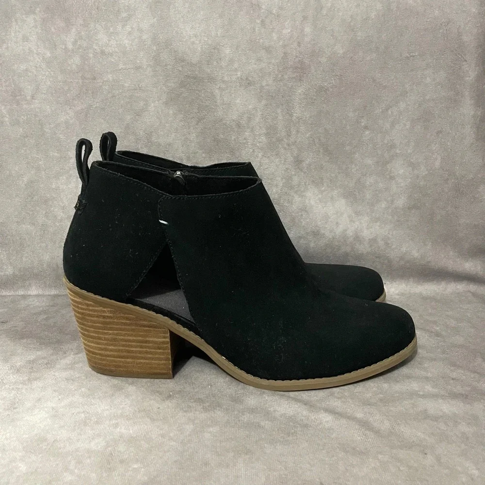 TOMS Majorca Cutout Booties Womens Size 12 Black Suede Block Heel Boots